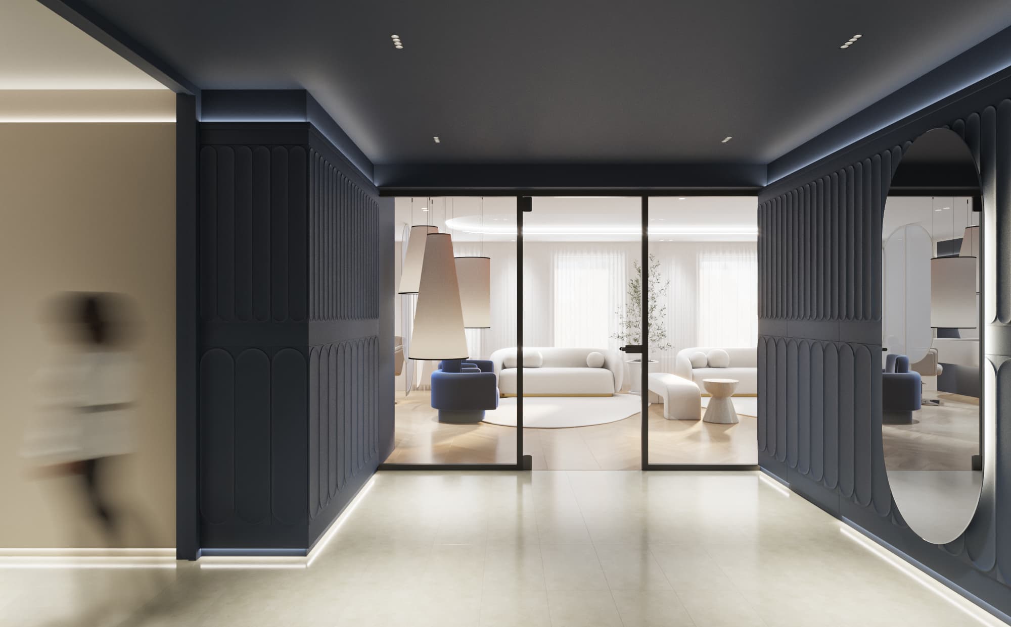 Rendering eines des Korridors mit Blick auf die Lounge in der Praxis in Mannheim